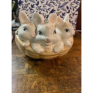 Vintage Ceramic Trio of Bunnies Dish, Easter Decor, Collectible, Trinkets